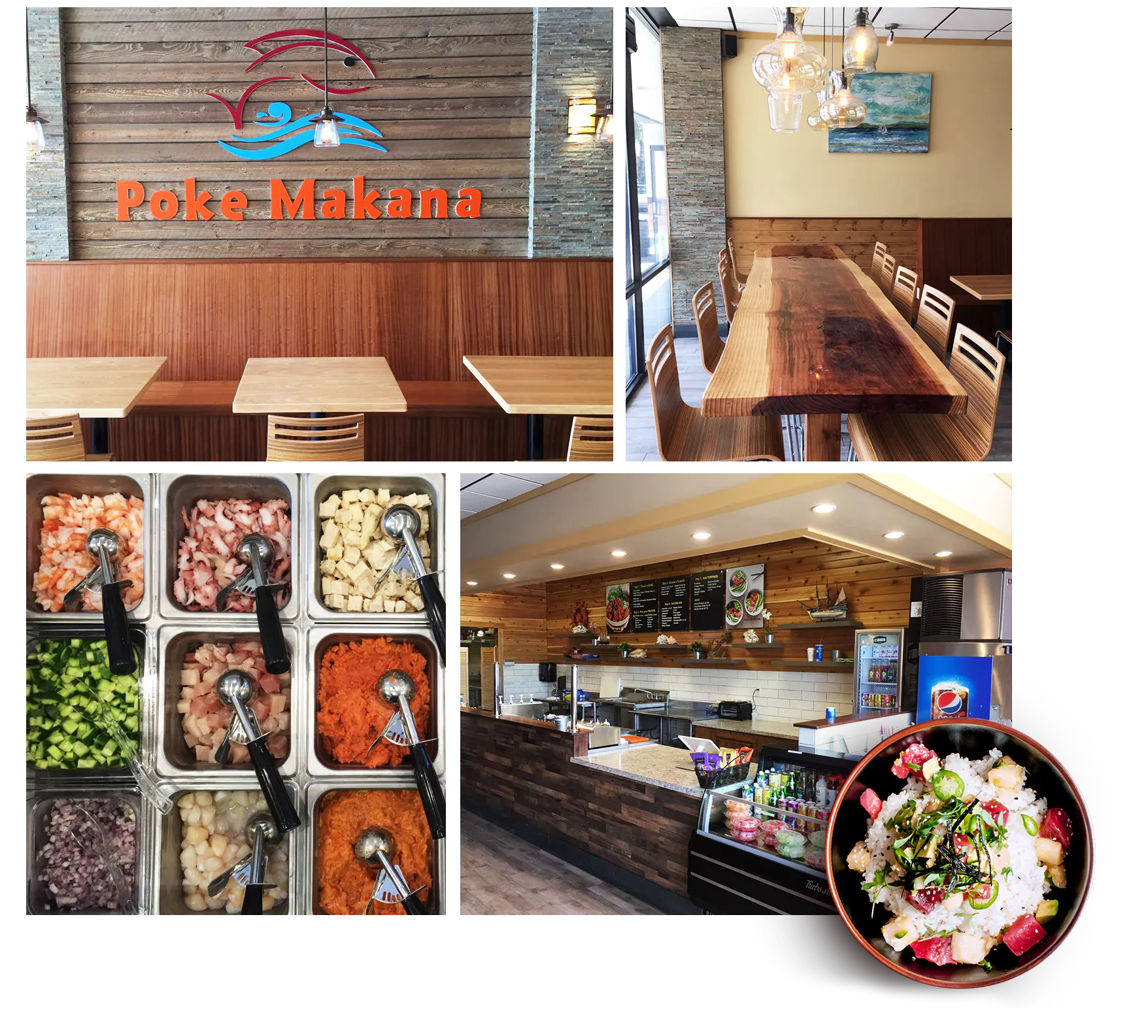 Collage of Poke Makana restaurant interior, dining area, fresh ingredients and finished poke bowl at Poke Makana, a Hawaiian restaurant in Sherwood